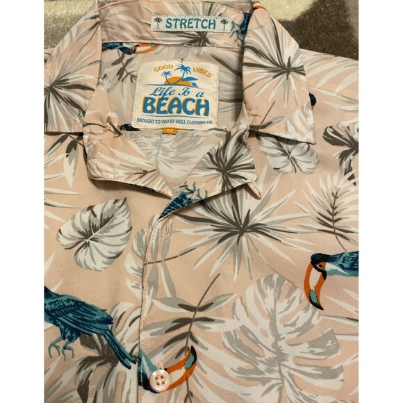 Good Vibes Life Is A Beach 80s Pastel Pink Bird Hawaiian Mens Shirt Med Resort - Picture 12 of 12
